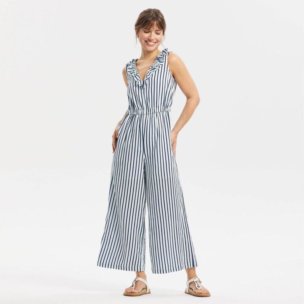 Women's Ruffle Jumpsuit - Universal Thread Navy Blue Striped L